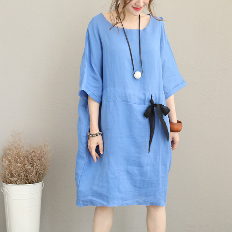 Fine blue Midi-length linen dress oversize linen clothing dress fine waist drawstring bracelet sleeved knee dresses