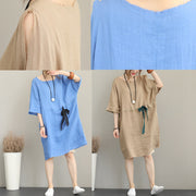 Fine blue Midi-length linen dress oversize linen clothing dress fine waist drawstring bracelet sleeved knee dresses