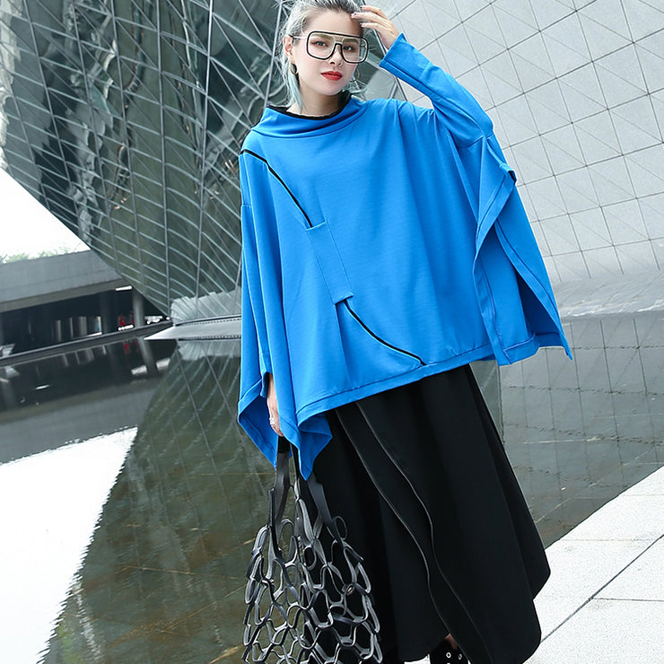 Fine blue Midi pullover casual stand collar tops casual Batwing Sleeve asymmetrical design clothing tops