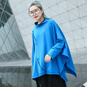 Fine blue Midi pullover casual stand collar tops casual Batwing Sleeve asymmetrical design clothing tops