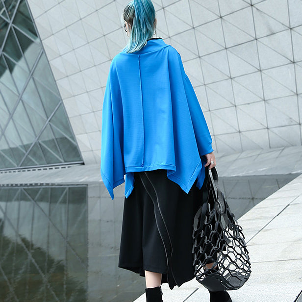 Fine blue Midi pullover casual stand collar tops casual Batwing Sleeve asymmetrical design clothing tops