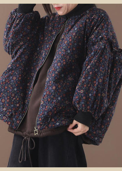 Fine blue floral coats for women Loose fitting winter jacket zippered outwear patchwork o neck - SooLinen