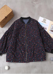 Fine blue floral coats for women Loose fitting winter jacket zippered outwear patchwork o neck - SooLinen