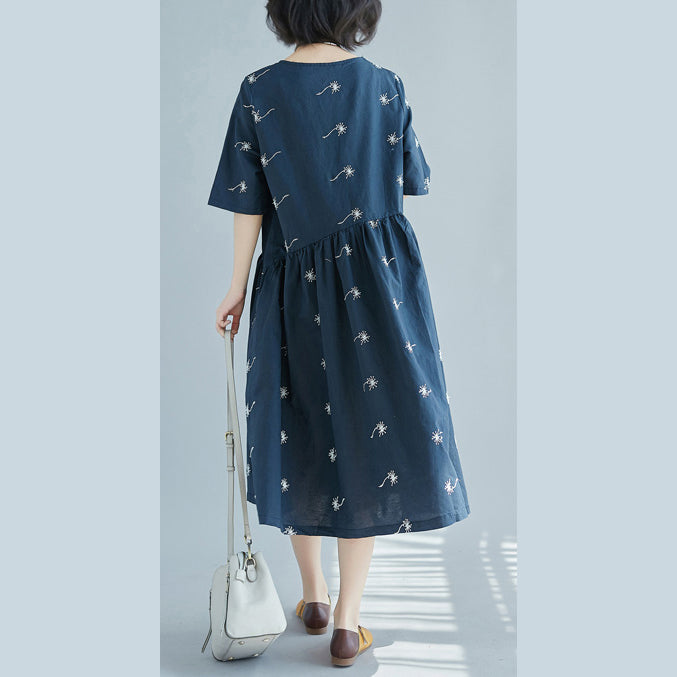 Fine blue print pure cotton linen dress oversized New half sleeve large hem O neck baggy dresses