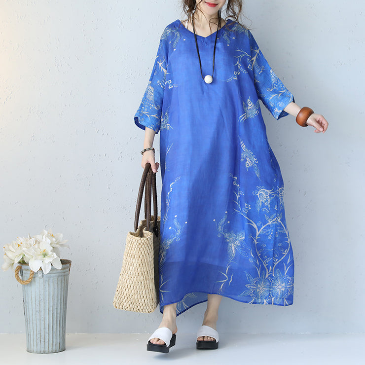 Fine blue prints long linen dress trendy plus size v neck gown Fine bracelet sleeved kaftans