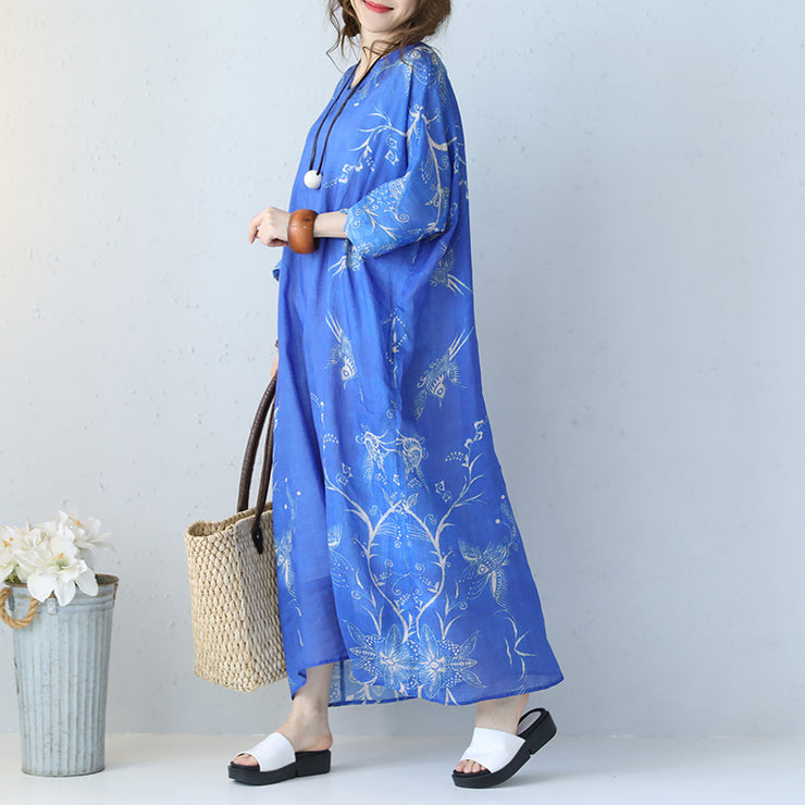 Fine blue prints long linen dress trendy plus size v neck gown Fine bracelet sleeved kaftans