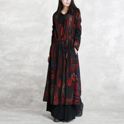 Fine burgundy print coats oversized o neck tie waist outwear Elegant long sleeve pockets coats dresses