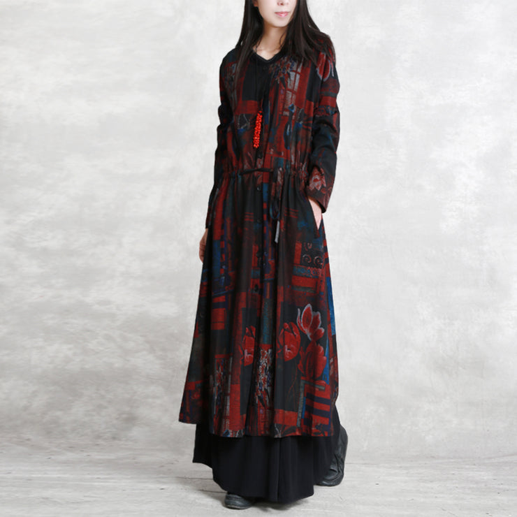 Fine burgundy print coats oversized o neck tie waist outwear Elegant long sleeve pockets coats dresses