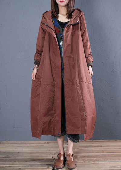 Fine casual long fall brown hooded zippered overcoat - SooLinen