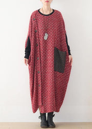 Fine casual long winter dress red o neck asymmetric woolen dress - SooLinen