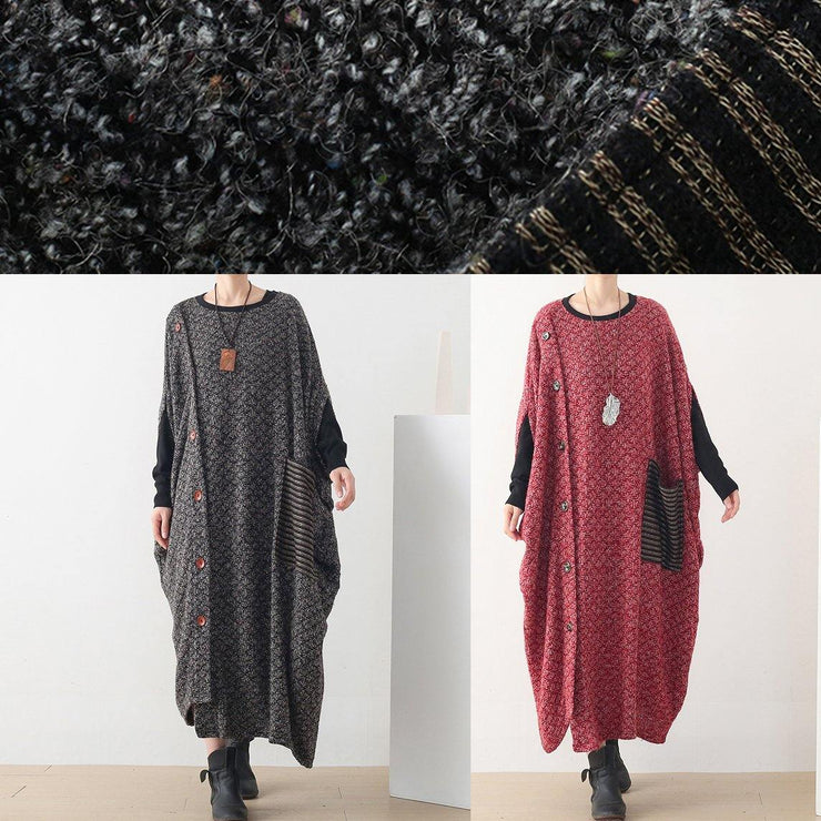 Fine casual long winter dress red o neck asymmetric woolen dress - SooLinen