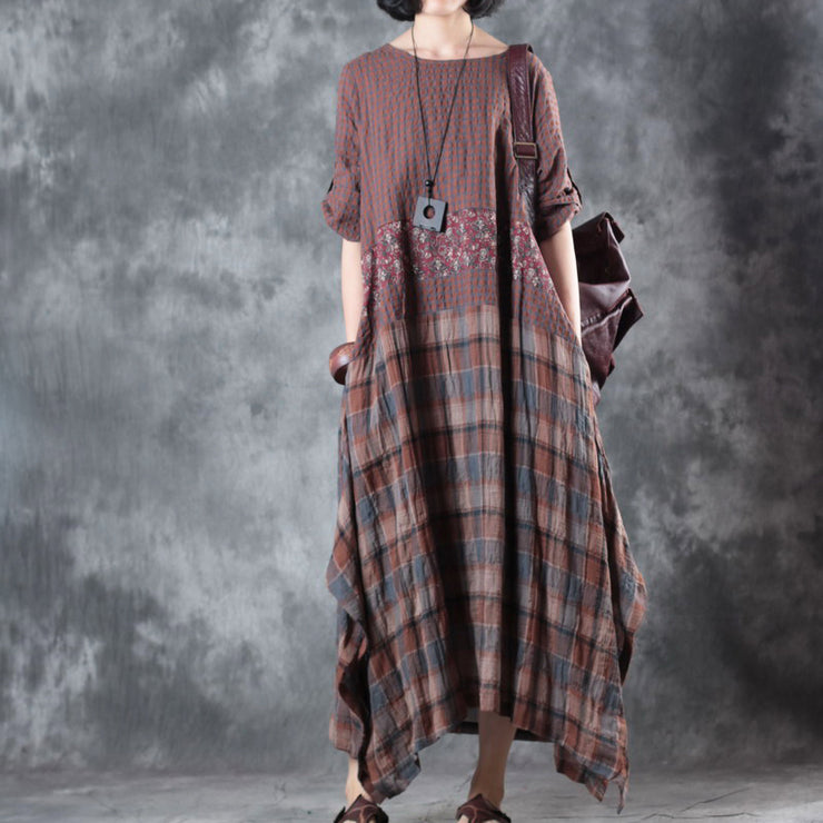 Fine chocolate linen maxi dress oversize o neck plaid grid patchwork linen gown 2018 half sleeve pockets caftans