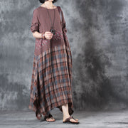 Fine chocolate linen maxi dress oversize o neck plaid grid patchwork linen gown 2018 half sleeve pockets caftans