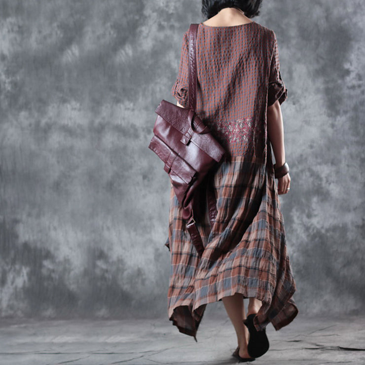 Fine chocolate linen maxi dress oversize o neck plaid grid patchwork linen gown 2018 half sleeve pockets caftans