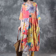 Fine floral long linen dresses casual o neck pockets caftans New half sleeve baggy dresses kaftans