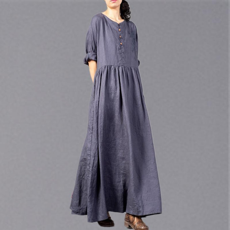 Fine gray embroidery long linen dresses plus size O neck gown 2018 Cinched linen caftans