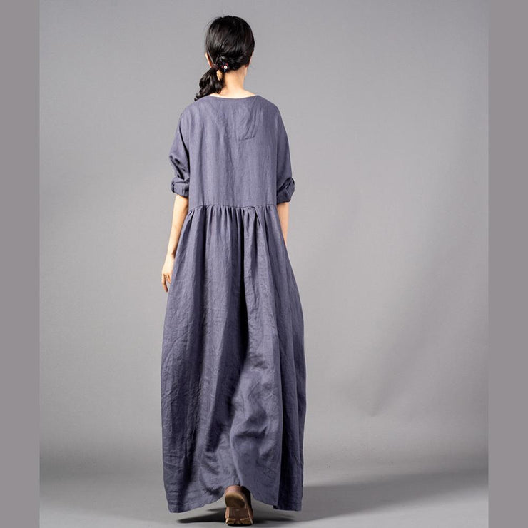 Fine gray embroidery long linen dresses plus size O neck gown 2018 Cinched linen caftans