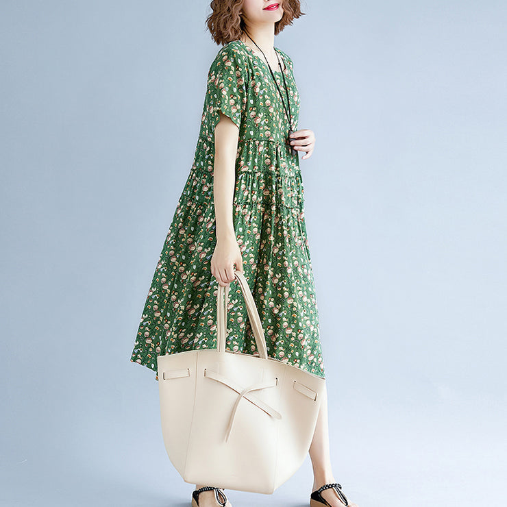 Fine green print cotton linen dress oversize short sleeve gown casual o neck baggy dresses cotton linen clothing dress