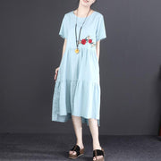 Fine linen dress oversized Short Sleeve Embroidered Flax Irregular Blue Dress