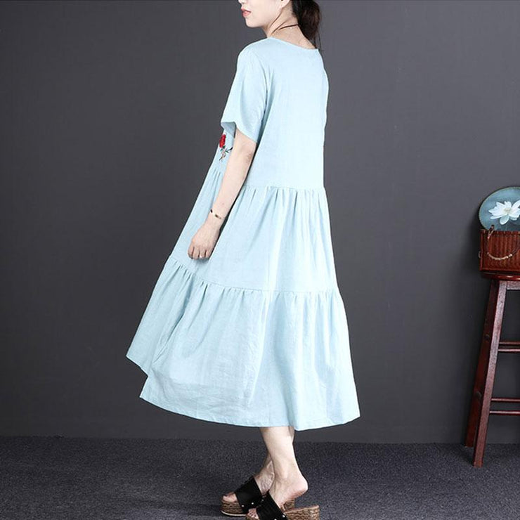 Fine linen dress oversized Short Sleeve Embroidered Flax Irregular Blue Dress