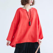 Fine linen tops Loose fitting Loose Irregular Long Sleeve Red Flax Women Tops