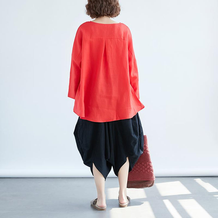 Fine linen tops Loose fitting Loose Irregular Long Sleeve Red Flax Women Tops