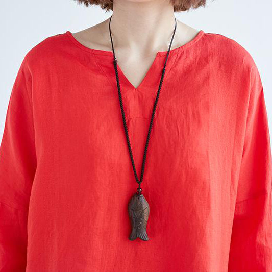 Fine linen tops Loose fitting Loose Irregular Long Sleeve Red Flax Women Tops