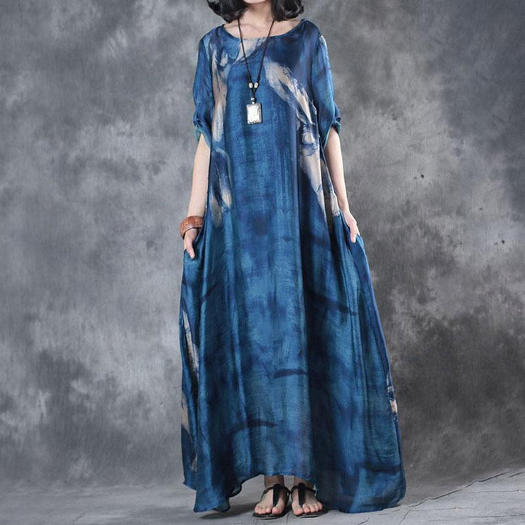 Fine maxi dresses fashion Retro Three Quarter Sleeve Printed Blue Long Dress