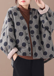 Fine plus size clothing jackets black plaid dotted v neck Button Down women parka - SooLinen