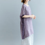 Fine purple pure linen tops Loose fitting casual cardigans boutique batwing sleeve O neck patchwork cotton clothing