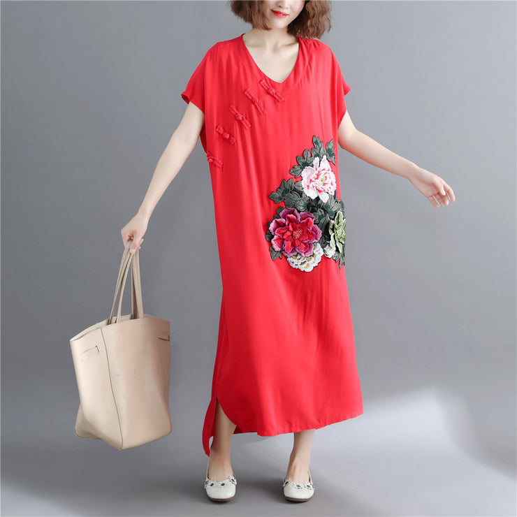 Fine red cotton linen maxi dress casual short sleeve Embroidery cotton dresses fine v neck traveling clothing