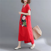 Fine red cotton linen maxi dress casual short sleeve Embroidery cotton dresses fine v neck traveling clothing