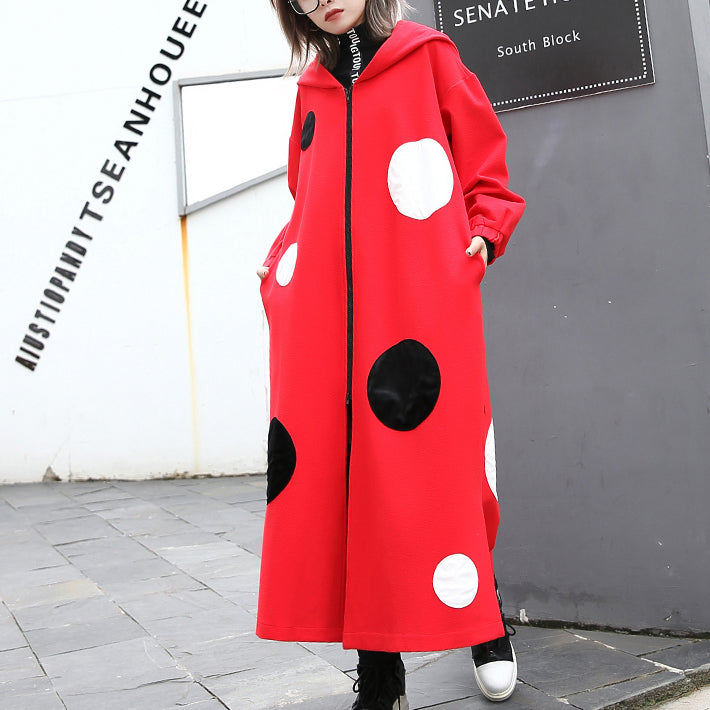 Fine red dotted Coat oversize hooded outwear Fashion side open baggy long coats