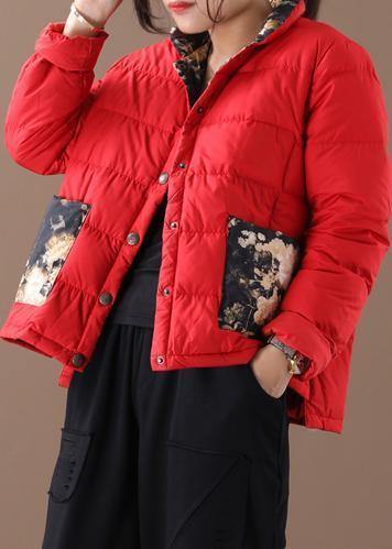 Fine red patchwork print warm winter coat stand collar pockets winter outwear - SooLinen