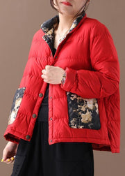 Fine red patchwork print warm winter coat stand collar pockets winter outwear - SooLinen