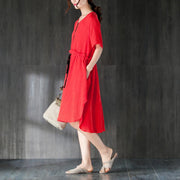 Fine tencel summer dress plus size clothing Red Summer Women Dress with Ruffles and Ribbon