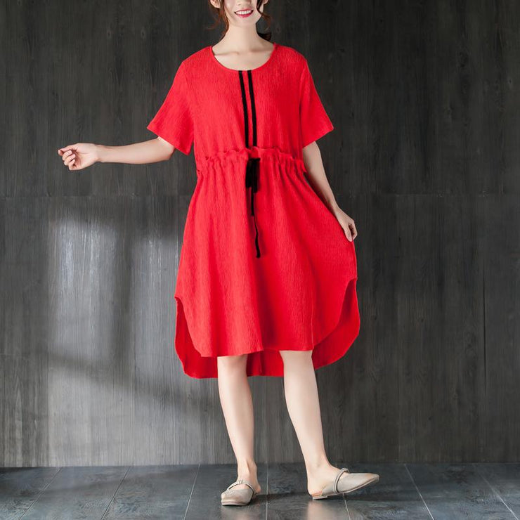 Fine tencel summer dress plus size clothing Red Summer Women Dress with Ruffles and Ribbon