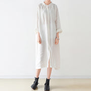 Fine white Ramine linen dresses plus size 2024 fall linen shirt dress