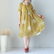 Fine yellow prints chiffon dresses oversized high waist dress Elegant drawstring sleeve dresses