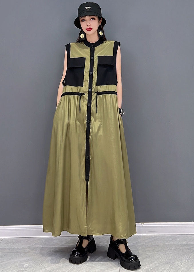 Fitted Army Green Stand Collar Patchwork Pockets Drawstring Chiffon Long Dresses Sleeveless