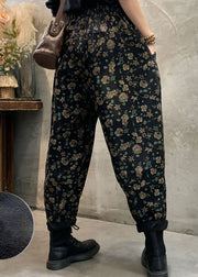 Fitted Black Fleece Lined Floral denim Pants Winter