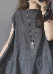 Fitted Black Grey O-Neck low high design Summer Denim Mid Dress - SooLinen