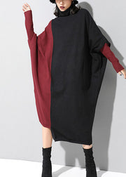 Tailliertes schwarzes Patchwork-rotes asymmetrisches Design Herbst-Winter-Pullover-Kleid