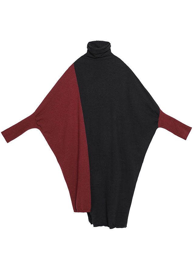 Tailliertes schwarzes Patchwork-rotes asymmetrisches Design Herbst-Winter-Pullover-Kleid