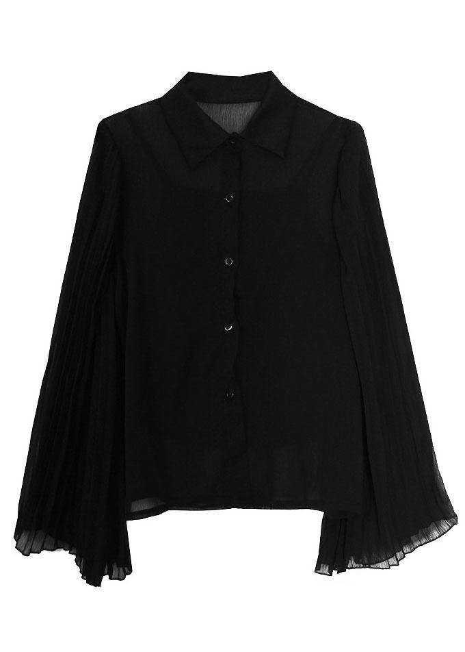 Fitted Black Peter Pan Collar Flare sleeve Summer Shirt Top - SooLinen