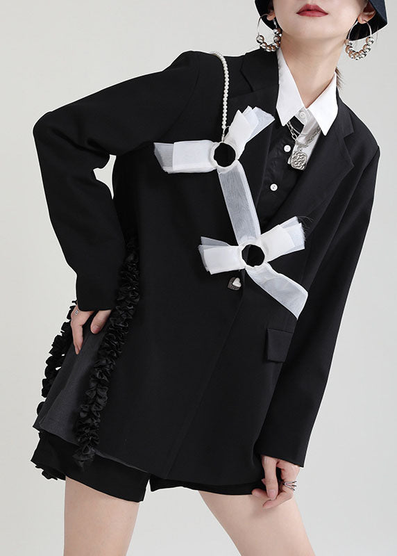 Fitted Black PeterPan Collar Patchwork asymmetrical design Fall Long sleeve Coat