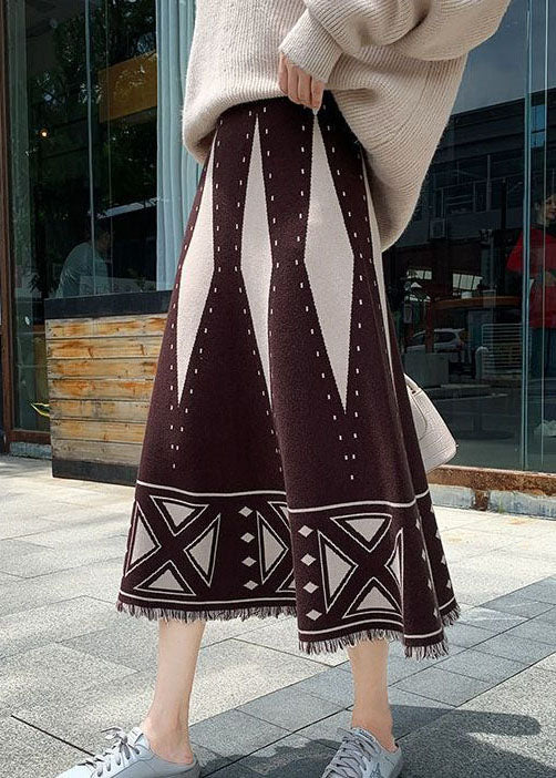 Fitted Brown Tasseled Print Knit Skirt Spring