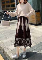 Fitted Brown Tasseled Print Knit Skirt Spring