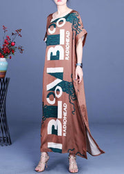 Fitted Chocolate Print Side open Silk Summer Maxi Dresses - SooLinen