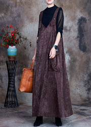 Fitted Chocolate Asymmetrical Pockets Velour Dress Sleeveless